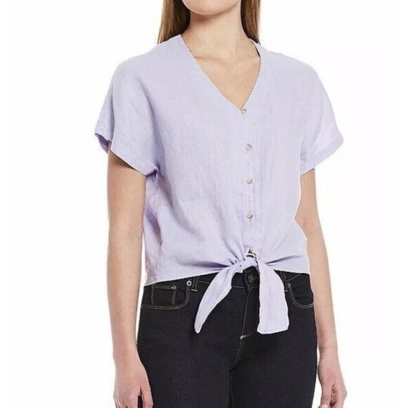 Cremieux Women's Light Purple L 100% Linen V-Neck Short Sleeve Front Tie Blouse - Picture 1 of 16